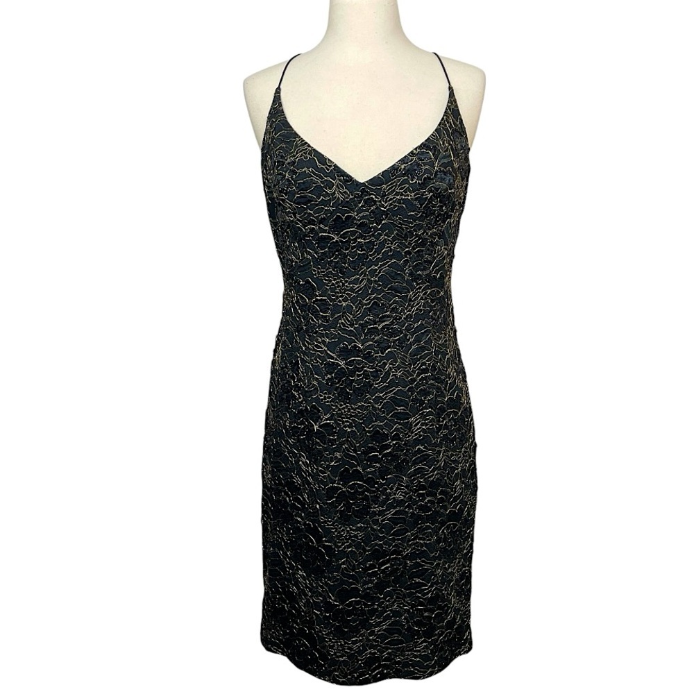 Carmen Marc Valvo Vintage 90s Black Gold Lace Beaded Mini Dress Sheath 10 Med - Picture 4 of 16